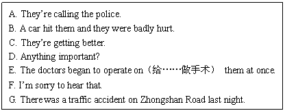 ı: A. Theyre calling the police.
B. A car hit them and they were badly hurt.
C. Theyre getting better.
D. Anything important?
E. The doctors began to operate on them at once.
F. Im sorry to hear that.
G. There was a traffic accident on Zhongshan Road last night.
