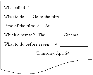 流程图: 文档: Who called: 1. ________________
What to do: Go to the film. 
Time of the film: 2. At __________
Which cinema: 3. The _______ Cinema
What to do before seven: 4. ____________
 Thursday, Apr. 24

