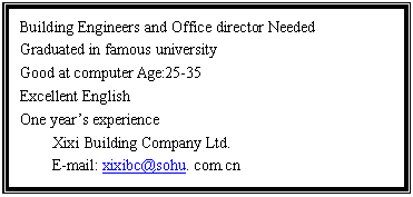 ı: Building Engineers and Office director Needed
Graduated in famous university
Good at computer Age:25-35
Excellent English
One years experience
Xixi Building Company Ltd.
E-mail:  com.cn
