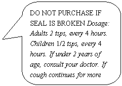 ԲǾαע: DO NOT PURCHASE IF SEAL IS BROKEN Dosage: Adults 2 tsps, ev¬ery 4 hours. Children 1/2 tsps, every 4 hours. If un¬der 2 years of age, consult your doctor. If cough con¬tinues for more than I week consult your doctor. EXP August 2005

