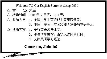 αע: Welcome TO Our English Summer Camp 2006
	Ӫ ַ
	ʱ䣺20067µף4졣
	μԱ1ȫѧӢߣ
 2йӢͰĴǵӢʦ
 ݣ1Ӣݽ
 2ۿѧݣ羰ʤ
 3Ӣѧϰ顣
 Come on, Join in!
