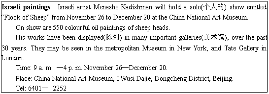 ı: Israeli paintings Israeli artist Menashe Kadishman will hold a solo(˵) show entitled Flock of Sheep from November 26 to December 20 at the China National Art Museum.
On show are 550 colourful oil paintings of sheep heads.
His works have been displayed() in many important galleries(), over the past 30 years. They may be seen in the metropolitan Museum in New York, and Tate Gallery in London.
Time: 9 a. m. 4 p. m. November 26December 20.
Place: China National Art Museum, I Wusi Dajie, Dongcheng District, Beijing.
Tel: 6401 2252
